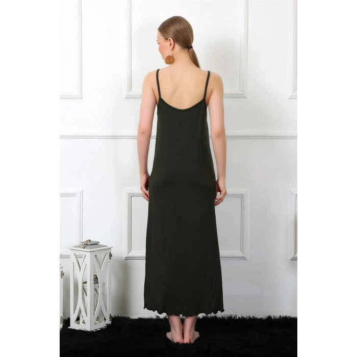 Moda Kadın İp Askılı Haki Uzun Gecelik