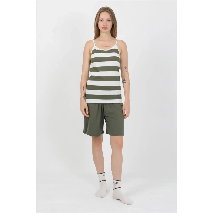 Moda Kadın İp Askılı Pamuk Penye Şortlu Takım Haki