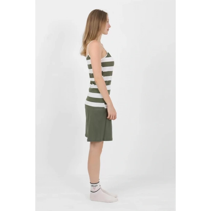 Moda Kadın İp Askılı Pamuk Penye Şortlu Takım Haki