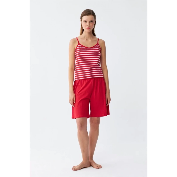 Moda Kadın İp Askılı Pamuk Penye Şortlu Takım Kırmızı