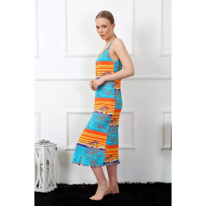 Moda Kadın İp Askılı Uzun Gecelik Mavi