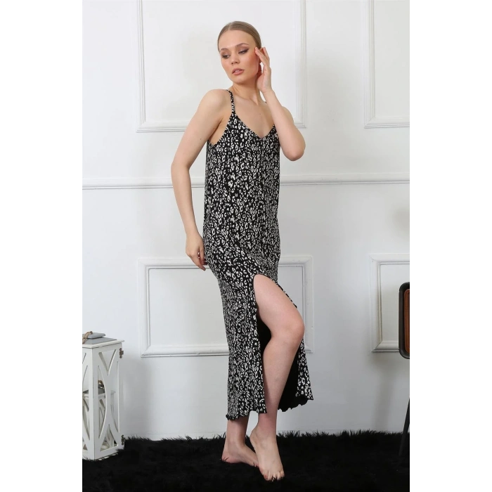 Moda Kadın İp Askılı Uzun Gecelik Siyah