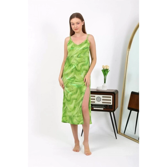Moda Kadın İp Askılı Uzun Parlak Micro Elbise Gecelik Yeşil