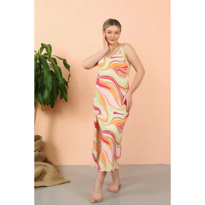 Moda Kadın İp Askılı Yırtmaçlı Uzun Fuşya Gecelik