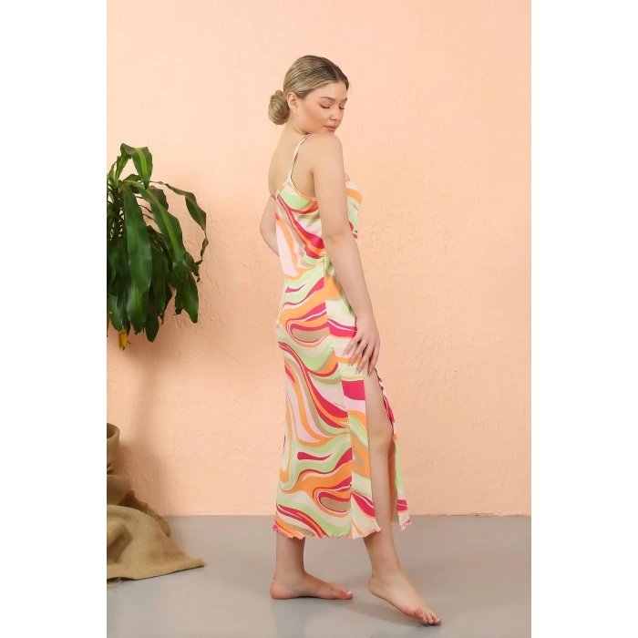 Moda Kadın İp Askılı Yırtmaçlı Uzun Fuşya Gecelik