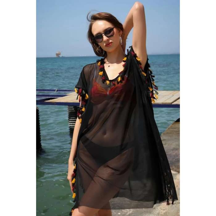 Moda Kadın İşlemeli Tunik Pareo Plaj Elbisesi Siyah
