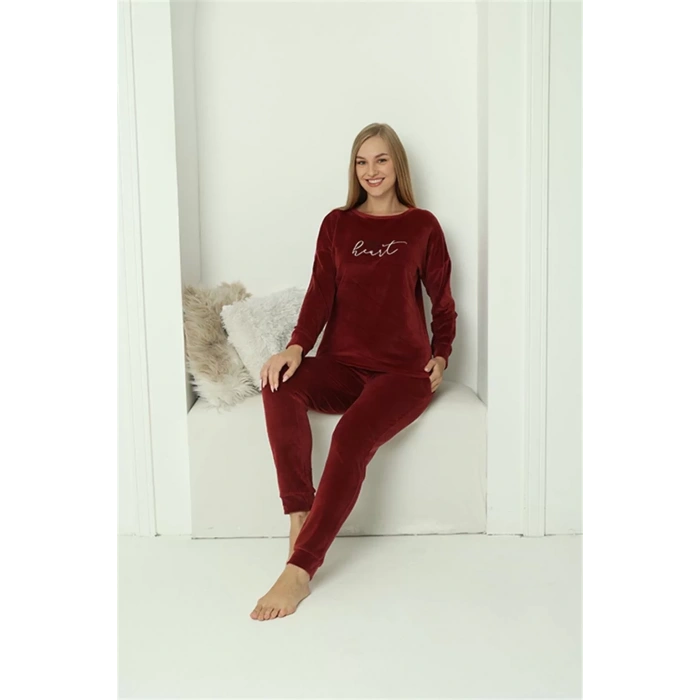 Moda Kadın Kadife Bordo Pijama Takım