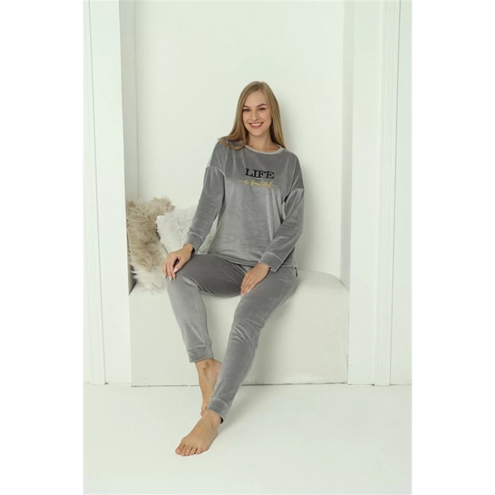 Moda Kadın Kadife Gri Pijama Takım