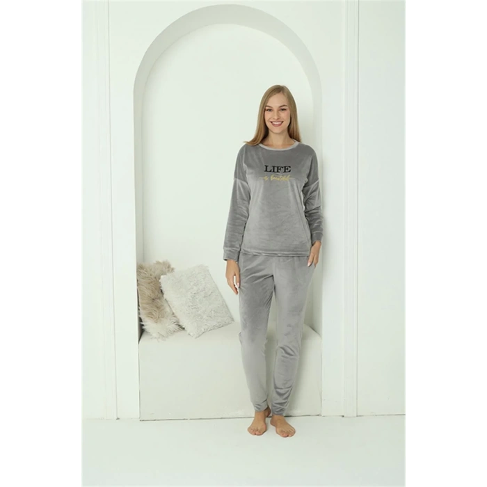 Moda Kadın Kadife Gri Pijama Takım