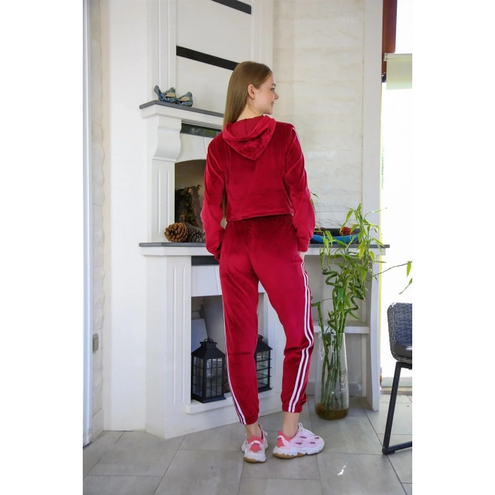 Moda Kadın Kadife Kapşonlu Eşofman Takım Bordo