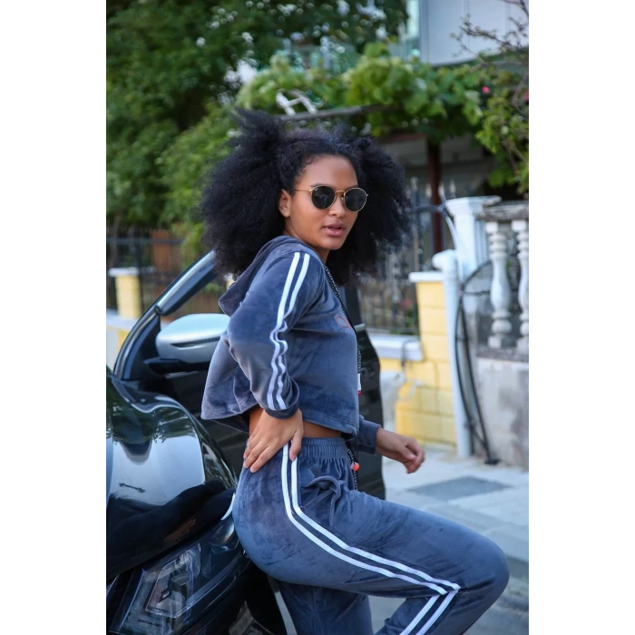 Moda Kadın Kadife Kapşonlu Eşofman Takım Gri