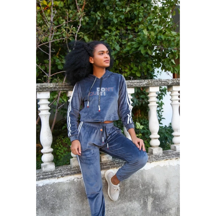 Moda Kadın Kadife Kapşonlu Eşofman Takım Gri