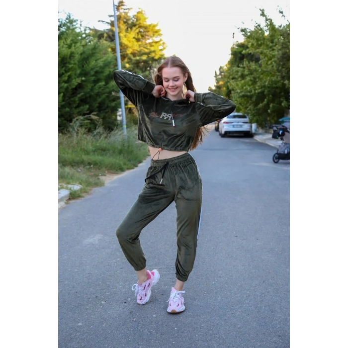 Moda Kadın Kadife Kapşonlu Eşofman Takım Haki