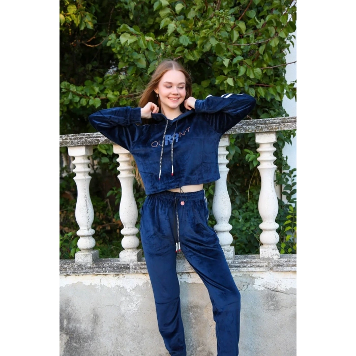 Moda Kadın Kadife Kapşonlu Eşofman Takım Lacivert