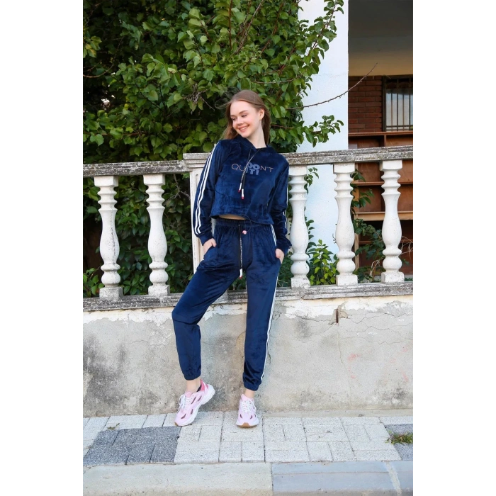 Moda Kadın Kadife Kapşonlu Eşofman Takım Lacivert