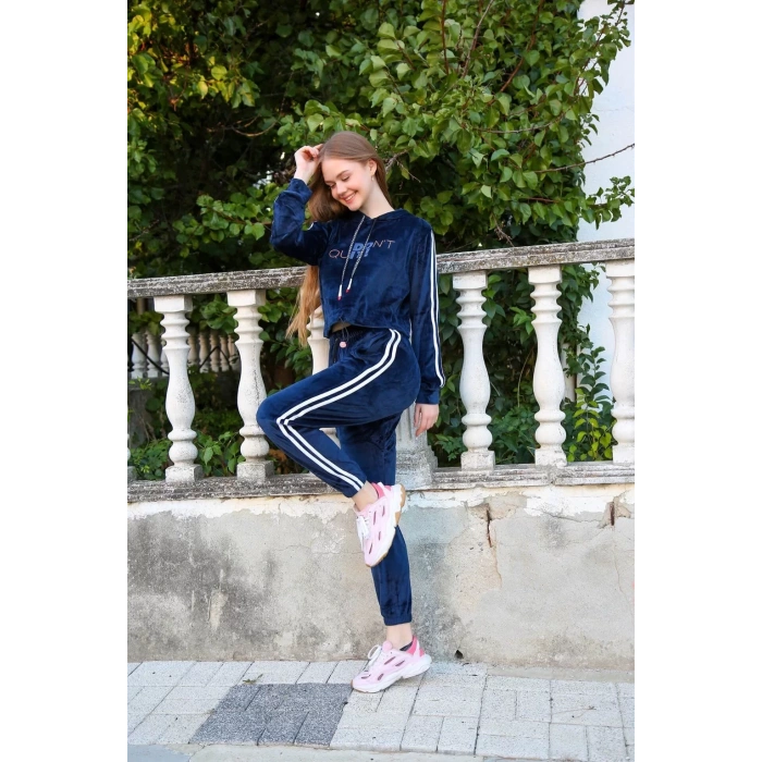 Moda Kadın Kadife Kapşonlu Eşofman Takım Lacivert