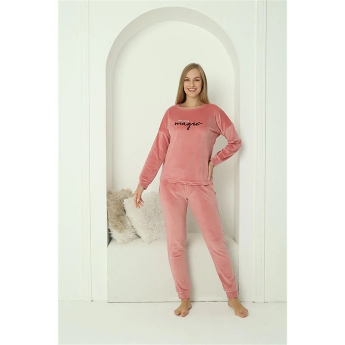 Moda Kadın Kadife Pembe Pijama Takım