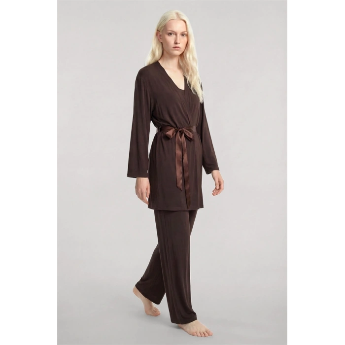 Moda Kadın Kahve Yumuşak Dokulu Dökümlü Kısa Kimono Şık ve Rahat Ev Giyim