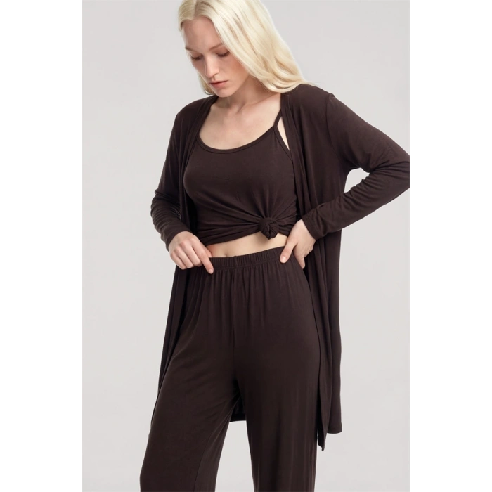 Moda Kadın Kahve Yumuşak Dokulu Dökümlü Kısa Kimono Şık ve Rahat Ev Giyim