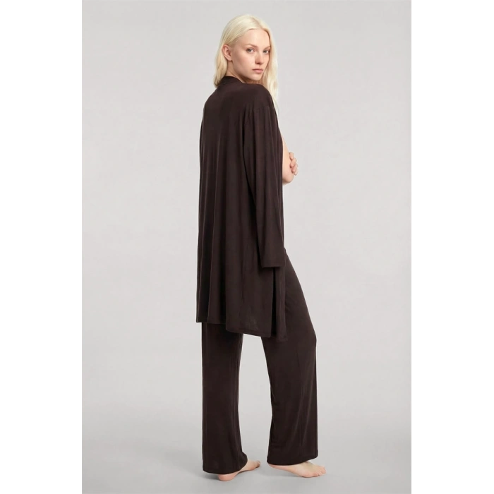 Moda Kadın Kahve Yumuşak Dokulu Dökümlü Kısa Kimono Şık ve Rahat Ev Giyim
