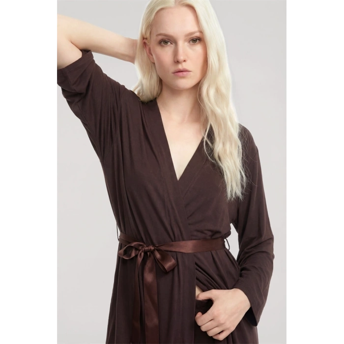 Moda Kadın Kahve Yumuşak Dokulu Dökümlü Kısa Kimono Şık ve Rahat Ev Giyim