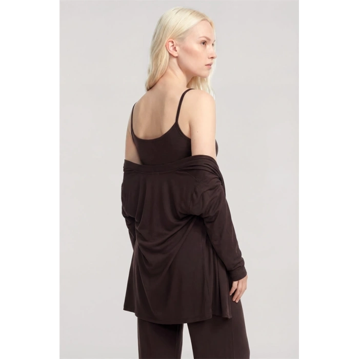 Moda Kadın Kahve Yumuşak Dokulu Dökümlü Kısa Kimono Şık ve Rahat Ev Giyim