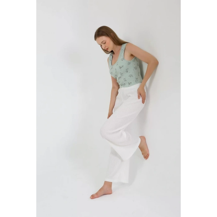 Moda Kadın Kalın Askılı Body Bol Paça Pantolon 2`li Takım Beyaz