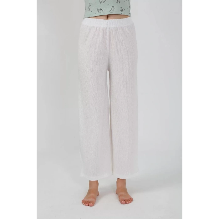 Moda Kadın Kalın Askılı Body Bol Paça Pantolon 2`li Takım Beyaz