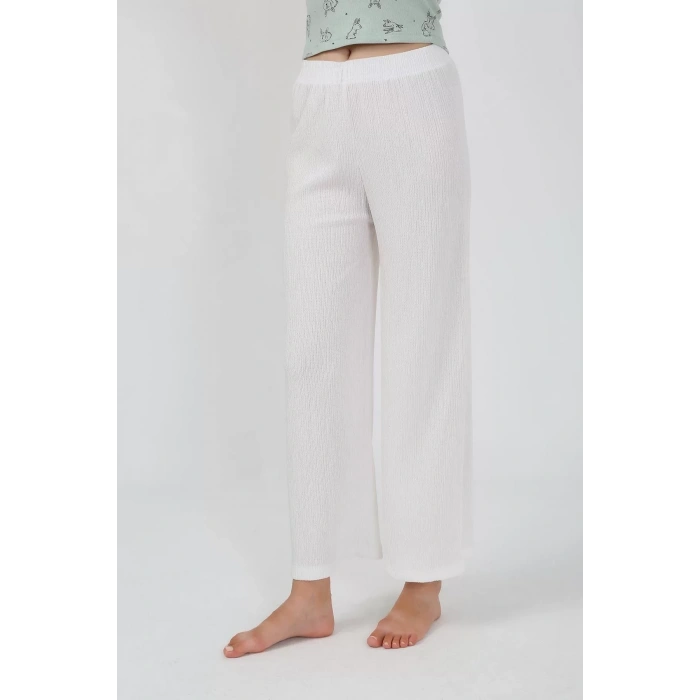 Moda Kadın Kalın Askılı Body Bol Paça Pantolon 2`li Takım Beyaz