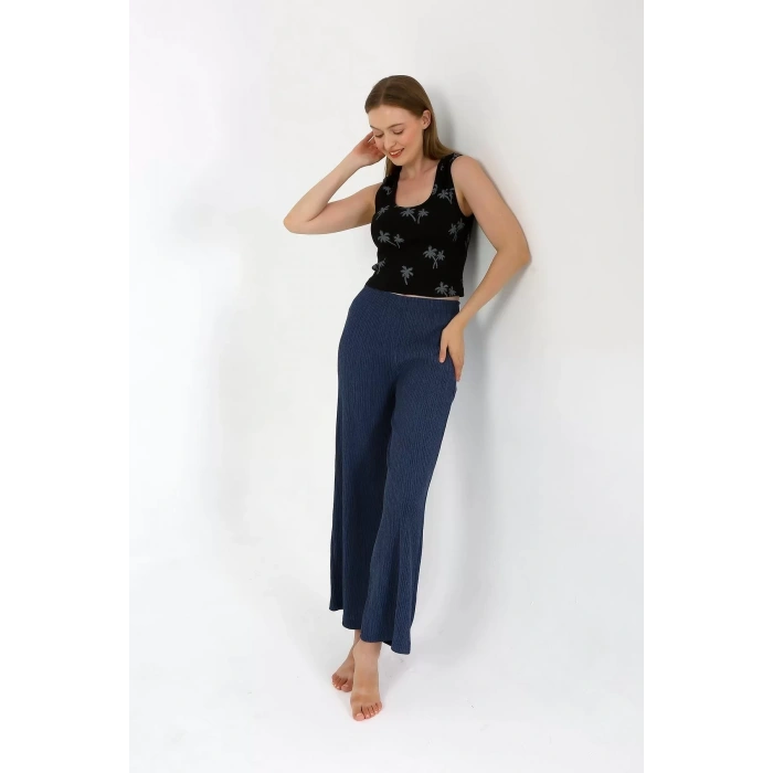 Moda Kadın Kalın Askılı Body Bol Paça Pantolon 2`li Takım Siyah