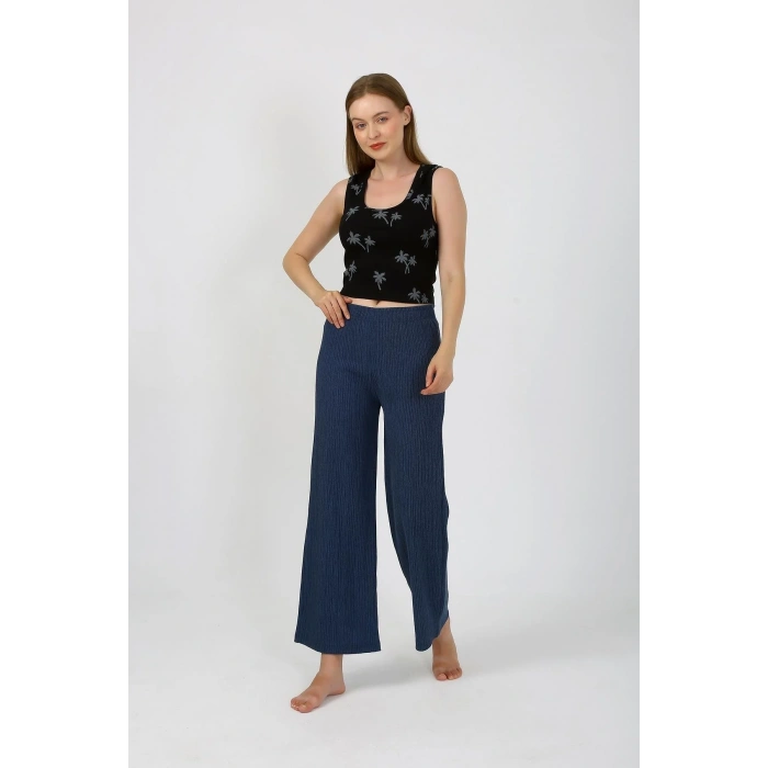 Moda Kadın Kalın Askılı Body Bol Paça Pantolon 2`li Takım Siyah