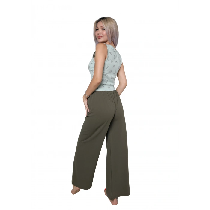 Moda Kadın Kalın Askılı Body Bol Paça Pantolon 2`li Takım Su Yeşili