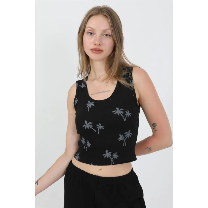 Moda Kadın Kalın Askılı Pamuk Penye Şortlu Crop Takım Siyah