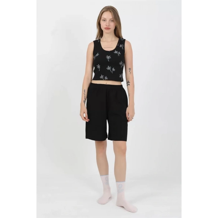 Moda Kadın Kalın Askılı Pamuk Penye Şortlu Crop Takım Siyah