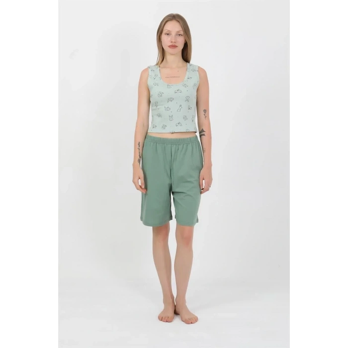 Moda Kadın Kalın Askılı Pamuk Penye Şortlu Crop Takım SuYeşili