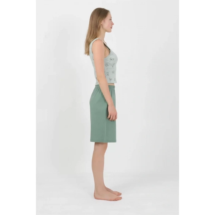 Moda Kadın Kalın Askılı Pamuk Penye Şortlu Crop Takım SuYeşili