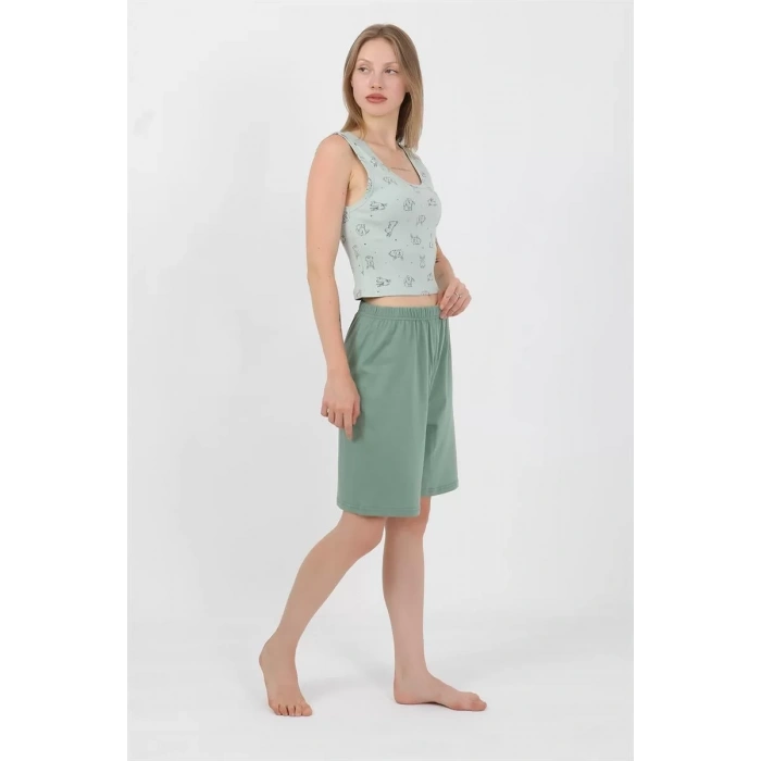 Moda Kadın Kalın Askılı Pamuk Penye Şortlu Crop Takım SuYeşili