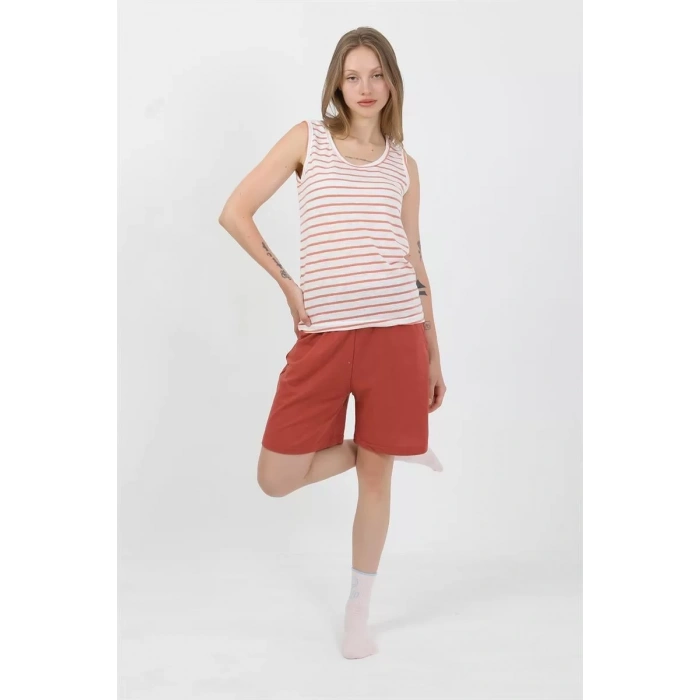 Moda Kadın Kalın Askılı Pamuk Penye Şortlu Takım Turuncu