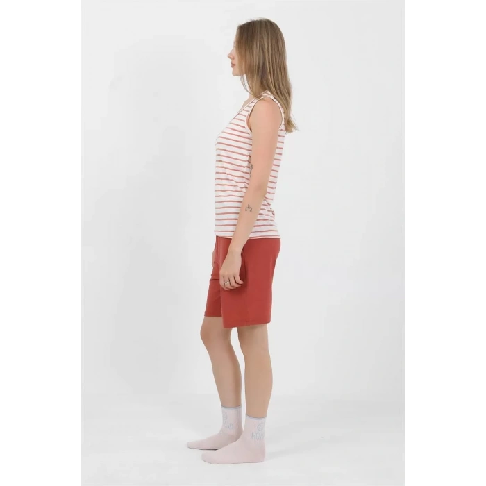 Moda Kadın Kalın Askılı Pamuk Penye Şortlu Takım Turuncu