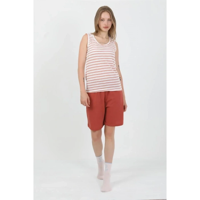 Moda Kadın Kalın Askılı Pamuk Penye Şortlu Takım Turuncu