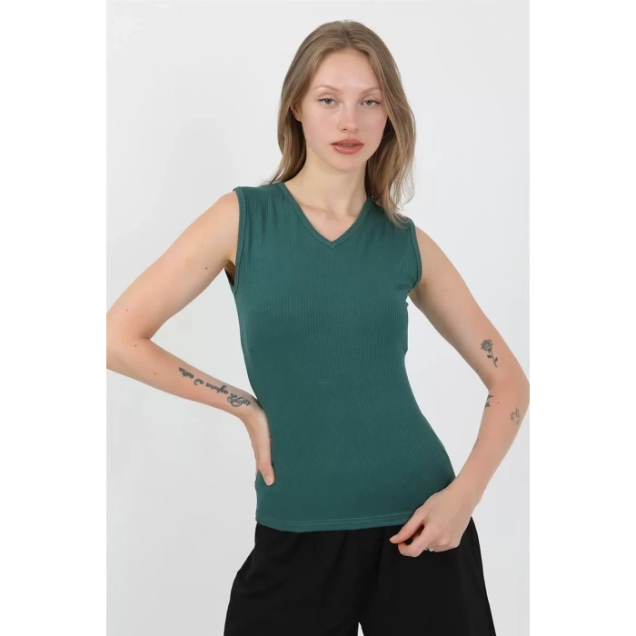 Moda Kadın Kalın Askılı Pamuk Penye Şortlu Takım Yeşil