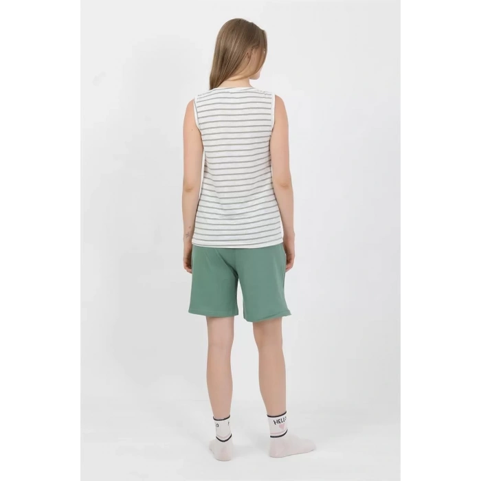 Moda Kadın Kalın Askılı Pamuk Penye Şortlu Takım Yeşil