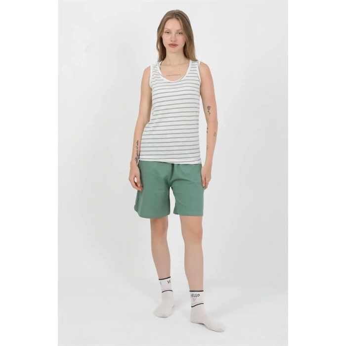 Moda Kadın Kalın Askılı Pamuk Penye Şortlu Takım Yeşil