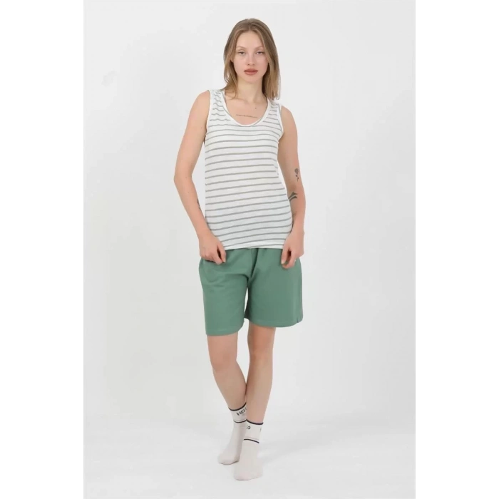 Moda Kadın Kalın Askılı Pamuk Penye Şortlu Takım Yeşil