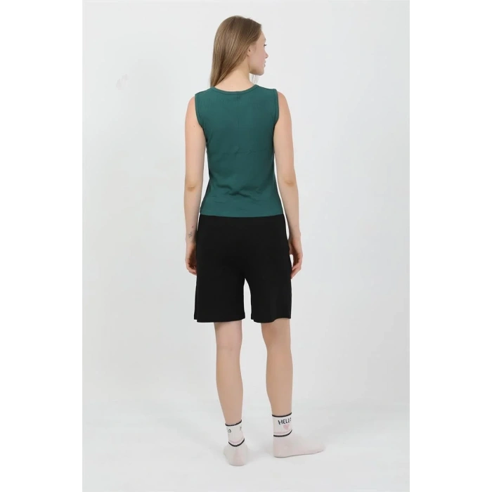 Moda Kadın Kalın Askılı Pamuk Penye Şortlu Takım Yeşil