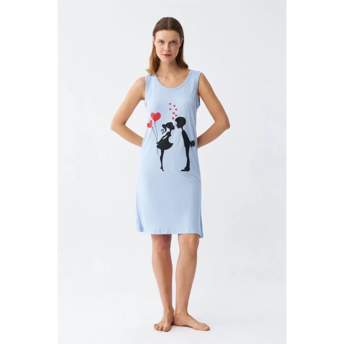 Moda Kadın Kalın Askılı Penye Diz Üstü Mavi Gecelik