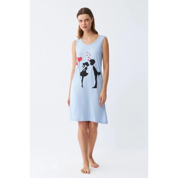 Moda Kadın Kalın Askılı Penye Diz Üstü Mavi Gecelik