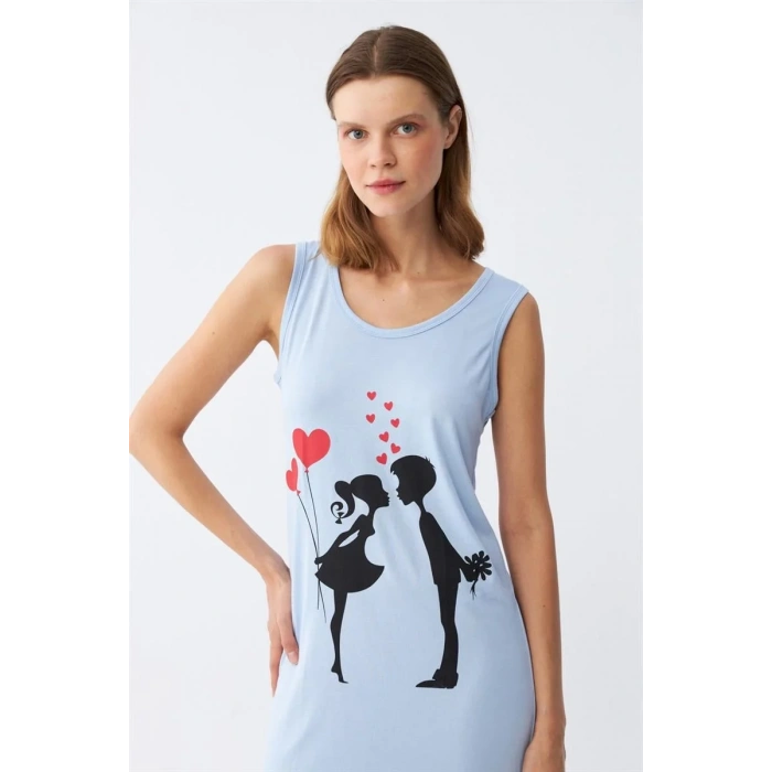 Moda Kadın Kalın Askılı Penye Diz Üstü Mavi Gecelik