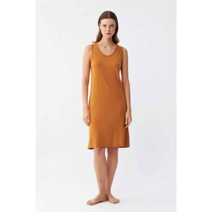 Moda Kadın Kalın Askılı Penye Gecelik Hardal