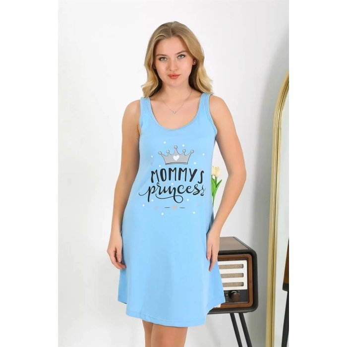 Moda Kadın Kalın Askılı Penye Gecelik Mavi